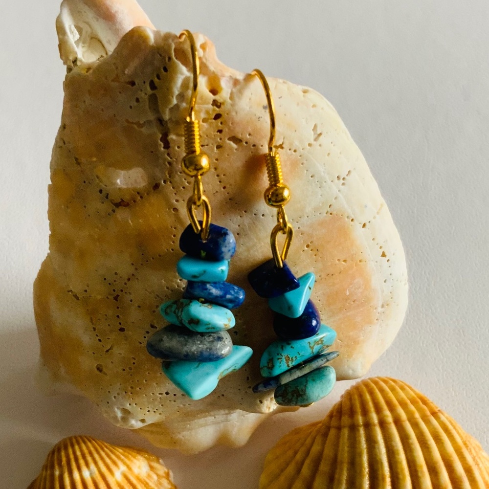 New Handmade Boho Gemstone Lapis and Howlite Dangle Earrings Gold Color Hooks